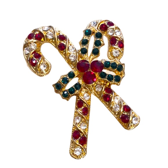 MONET DOUBLE CANDY CANE RHINESTONE GOLD TONE BROOCH RED WHITE GREEN NEW IN BOX - Picture 1 of 7